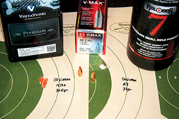 An example of the accuracy potential of the 30-30 Winchester in a Contender pistol is shown here. Both of these ragged-hole, five-shot groups were assembled with Hornady’s 110-grain V-MAX, 30.5 grains of Vihtavuori N130 and 31 grains of Alliant Reloder 7.